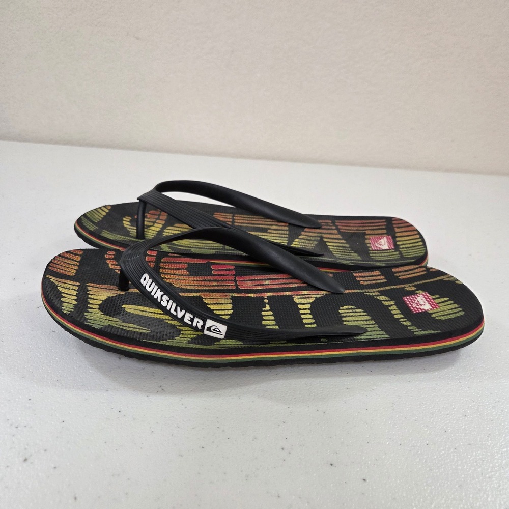 Quiksilver Mens Flip Flop Sandals Black Rasta Gradient Logo Print Size 12/13